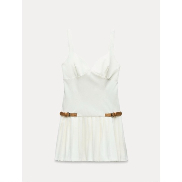 NWT ZARA NEW ELEGANT WHITE MINI PLEATED TABS DRESS - Picture 8 of 13